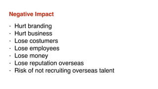Negative Impact
- Hurt branding
- Hurt business
- Lose costumers
- Lose employees
- Lose money
- Lose reputation overseas
- Risk of not recruiting overseas talent
 