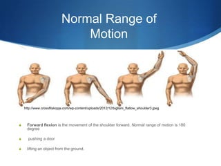 Normal Range of
                                Motion




    http://www.crossfitskopje.com/wp-content/uploads/2012/12/bigliani_flatlow_shoulder3.jpeg



S    Forward flexion is the movement of the shoulder forward. Normal range of motion is 180
     degree

S     pushing a door

S    lifting an object from the ground.
 