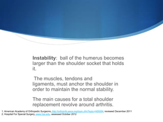 Instability: ball of the humerus becomes
                           larger than the shoulder socket that holds
                           it.
                            The muscles, tendons and
                           ligaments, must anchor the shoulder in
                           order to maintain the normal stability.
                           The main causes for a total shoulder
                           replacement revolve around arthritis.
1. American Academy of Orthopedic Surgeons, http://orthoinfo.aaos.org/topic.cfm?topic=A00094, reviewed December 2011
2. Hospital For Special Surgery, www.hss.edu, assessed October 2012
 