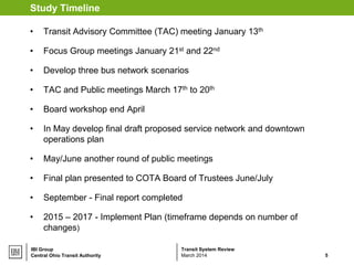 Transit System ReviewIBI Group
Study Timeline
• Transit Advisory Committee (TAC) meeting January 13th
• Focus Group meetings January 21st and 22nd
• Develop three bus network scenarios
• TAC and Public meetings March 17th to 20th
• Board workshop end April
• In May develop final draft proposed service network and downtown
operations plan
• May/June another round of public meetings
• Final plan presented to COTA Board of Trustees June/July
• September - Final report completed
• 2015 – 2017 - Implement Plan (timeframe depends on number of
changes)
Central Ohio Transit Authority 5March 2014
 