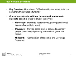 Transit System ReviewIBI Group
Bus Network Scenarios
• Key Question: How should COTA invest its resources in its bus
network within available funding?
• Consultants developed three bus network scenarios to
illustrate possible ways to invest in service:
– Ridership: Maximize ridership through frequent service
in areas favorable to transit.
– Coverage: Provide some level of service to as many
people possible by spreading service throughout the
region.
– Midpoint: Combination of Ridership and Coverage
Scenarios
Central Ohio Transit Authority 7March 2014
 