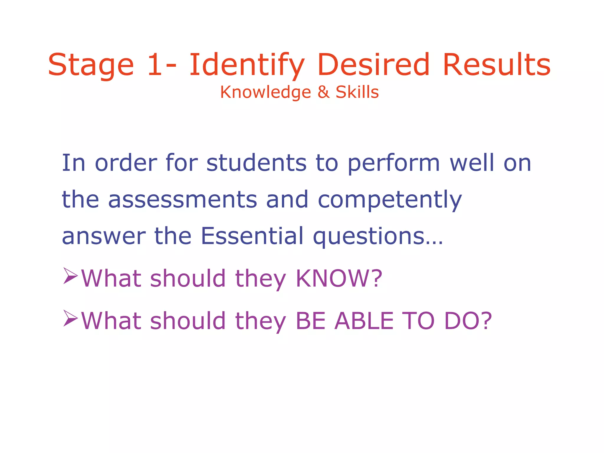 In order for students to perform well on
the assessments and competently
answer the Essential questions…
What should they KNOW?
What should they BE ABLE TO DO?
Stage 1- Identify Desired Results
Knowledge & Skills
 