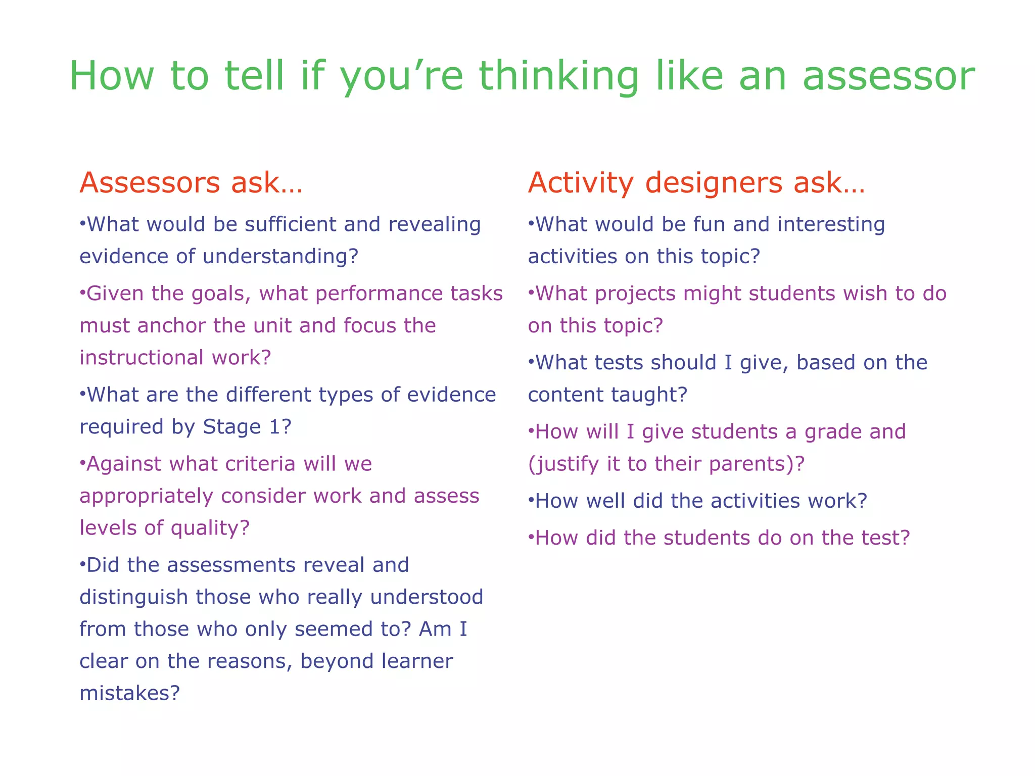 How to tell if you’re thinking like an assessor
Assessors ask…
•What would be sufficient and revealing
evidence of understanding?
•Given the goals, what performance tasks
must anchor the unit and focus the
instructional work?
•What are the different types of evidence
required by Stage 1?
•Against what criteria will we
appropriately consider work and assess
levels of quality?
•Did the assessments reveal and
distinguish those who really understood
from those who only seemed to? Am I
clear on the reasons, beyond learner
mistakes?
Activity designers ask…
•What would be fun and interesting
activities on this topic?
•What projects might students wish to do
on this topic?
•What tests should I give, based on the
content taught?
•How will I give students a grade and
(justify it to their parents)?
•How well did the activities work?
•How did the students do on the test?
 
