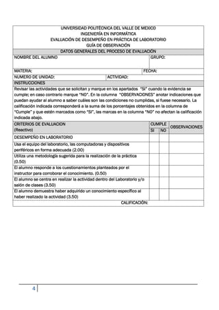 UNIVERSIDAD POLITÉCNICA DEL VALLE DE MEXICO
                            INGENIERÍA EN INFORMÁTICA
               EVALUACIÓN DE DESEMPEÑO EN PRÁCTICA DE LABORATORIO
                               GUÍA DE OBSERVACIÓN
                   DATOS GENERALES DEL PROCESO DE EVALUACIÓN
NOMBRE DEL ALUMNO                                           GRUPO:


MATERIA:                                                             FECHA:
NUMERO DE UNIDAD:                                 ACTIVIDAD:
INSTRUCCIONES
Revisar las actividades que se solicitan y marque en los apartados “SI” cuando la evidencia se
cumple; en caso contrario marque “NO”. En la columna “OBSERVACIONES” anotar indicaciones que
puedan ayudar al alumno a saber cuáles son las condiciones no cumplidas, si fuese necesario. La
calificación indicada corresponderá a la suma de los porcentajes obtenidos en la columna de
“Cumple” y que estén marcados como “SI”, las marcas en la columna “NO” no afectan la calificación
indicada abajo.
CRITERIOS DE EVALUACION                                                  CUMPLE
                                                                                   OBSERVACIONES
(Reactivo)                                                               SI NO
DESEMPEÑO EN LABORATORIO
Usa el equipo del laboratorio, las computadoras y dispositivos
periféricos en forma adecuada (2.00)
Utiliza una metodología sugerida para la realización de la práctica
(0.50)
El alumno responde a los cuestionamientos planteados por el
instructor para corroborar el conocimiento. (0.50)
El alumno se centra en realizar la actividad dentro del Laboratorio y/o
salón de clases (3.50)
El alumno demuestra haber adquirido un conocimiento específico al
haber realizado la actividad (3.50)
                                                          CALIFICACIÓN:




         4
 