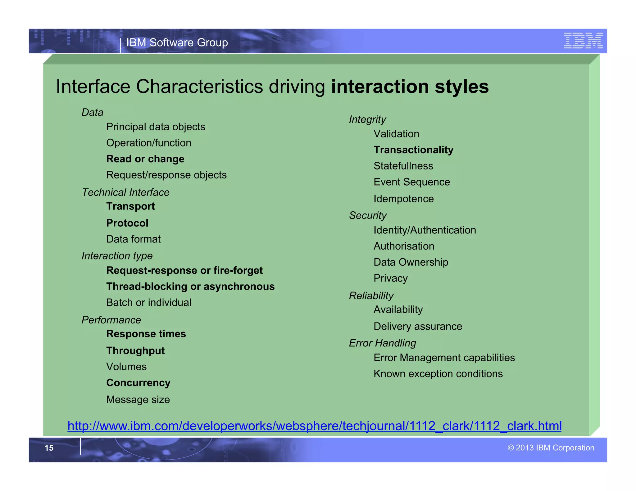 IBM Software Group
© 2013 IBM Corporation15
Interface Characteristics driving interaction styles
Data
Principal data objects
Operation/function
Read or change
Request/response objects
Technical Interface
Transport
Protocol
Data format
Interaction type
Request-response or fire-forget
Thread-blocking or asynchronous
Batch or individual
Performance
Response times
Throughput
Volumes
Concurrency
Message size
Integrity
Validation
Transactionality
Statefullness
Event Sequence
Idempotence
Security
Identity/Authentication
Authorisation
Data Ownership
Privacy
Reliability
Availability
Delivery assurance
Error Handling
Error Management capabilities
Known exception conditions
http://www.ibm.com/developerworks/websphere/techjournal/1112_clark/1112_clark.html
 