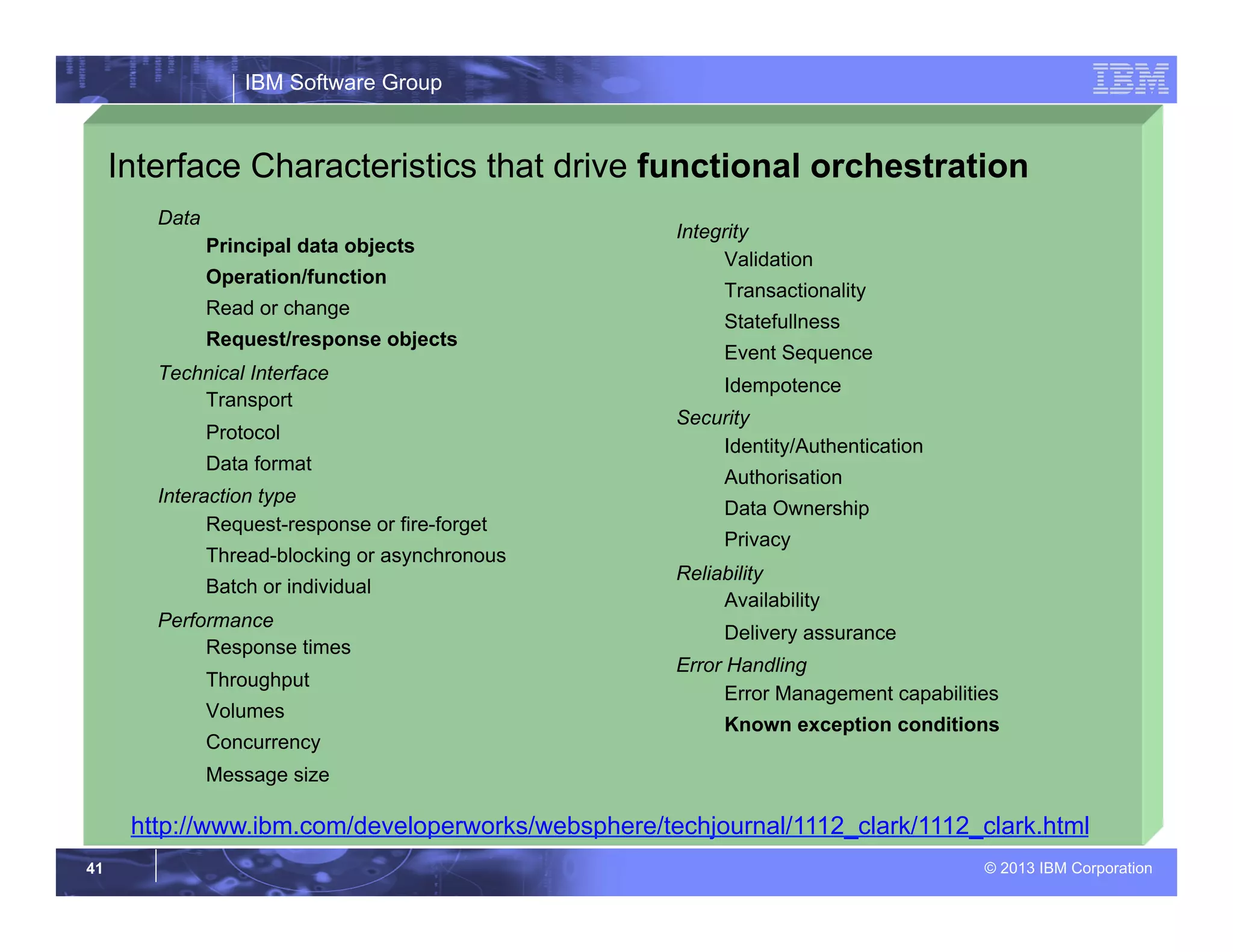 IBM Software Group
© 2013 IBM Corporation41
Interface Characteristics that drive functional orchestration
Data
Principal data objects
Operation/function
Read or change
Request/response objects
Technical Interface
Transport
Protocol
Data format
Interaction type
Request-response or fire-forget
Thread-blocking or asynchronous
Batch or individual
Performance
Response times
Throughput
Volumes
Concurrency
Message size
Integrity
Validation
Transactionality
Statefullness
Event Sequence
Idempotence
Security
Identity/Authentication
Authorisation
Data Ownership
Privacy
Reliability
Availability
Delivery assurance
Error Handling
Error Management capabilities
Known exception conditions
http://www.ibm.com/developerworks/websphere/techjournal/1112_clark/1112_clark.html
 