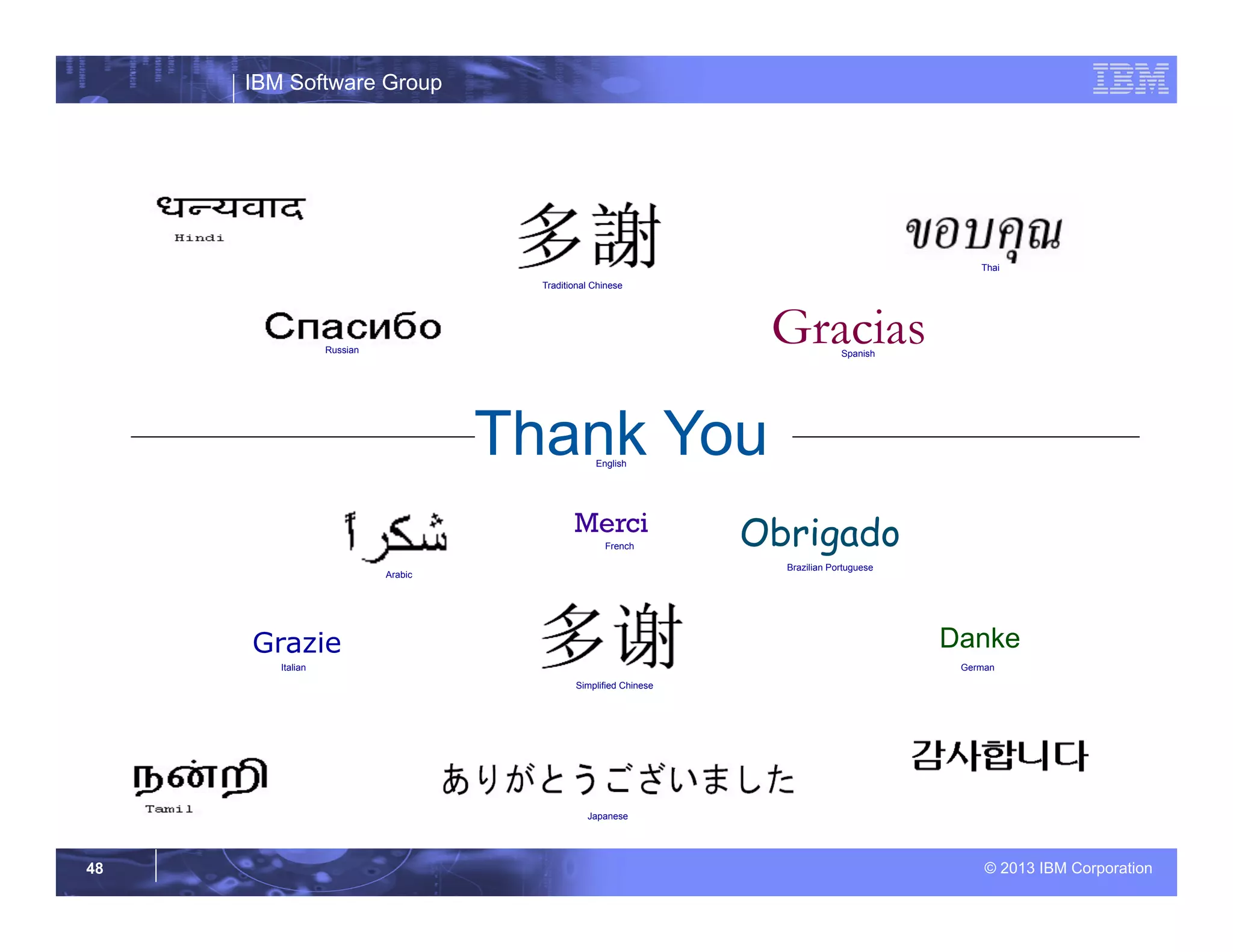 IBM Software Group
© 2013 IBM Corporation48
Thank You
Merci
Grazie
Gracias
Obrigado
Danke
Japanese
English
French
Russian
GermanItalian
Spanish
Brazilian Portuguese
Arabic
Traditional Chinese
Simplified Chinese
Thai
 