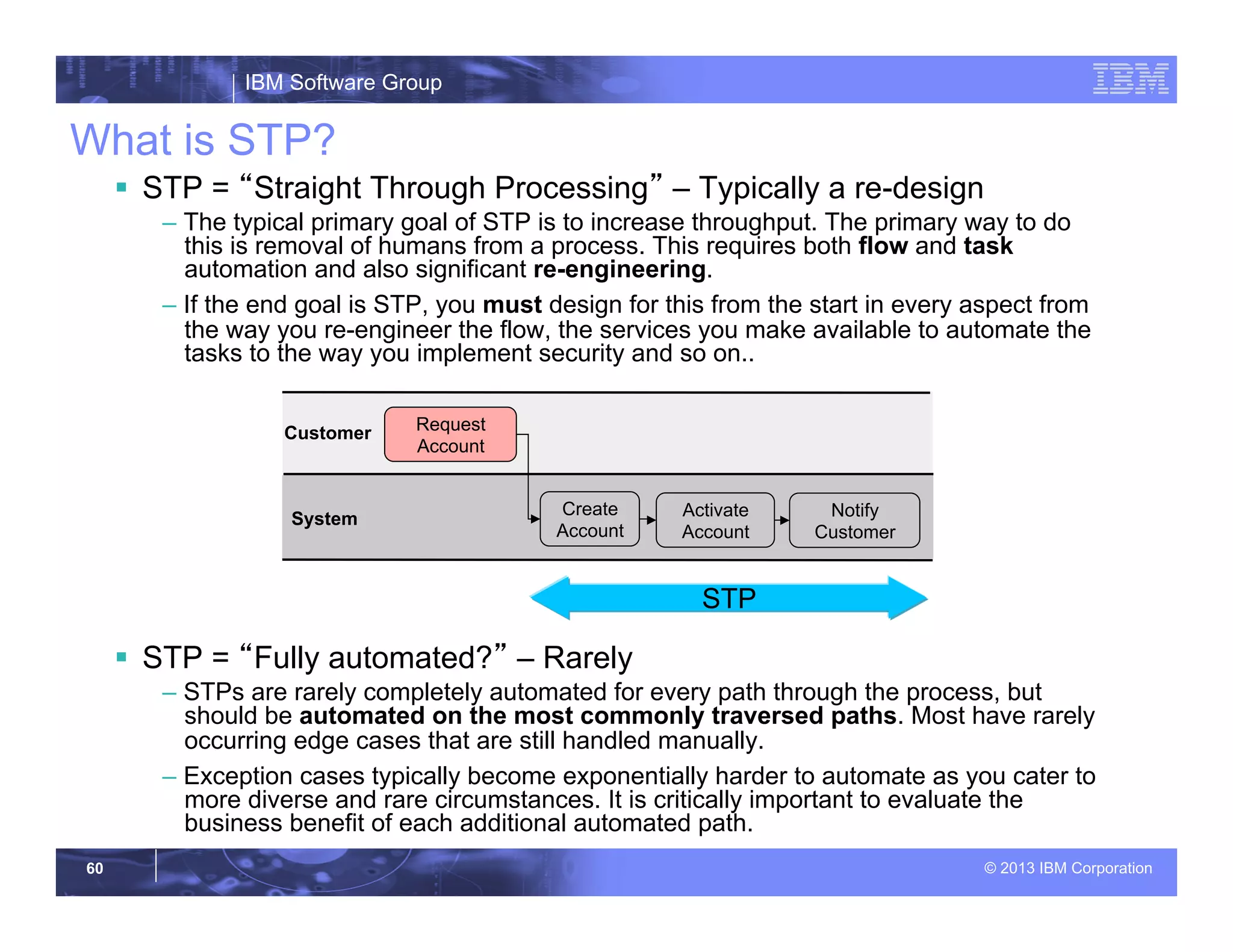 IBM Software Group
© 2013 IBM Corporation60
What is STP?
§  STP = “Straight Through Processing” – Typically a re-design
– The typical primary goal of STP is to increase throughput. The primary way to do
this is removal of humans from a process. This requires both flow and task
automation and also significant re-engineering.
– If the end goal is STP, you must design for this from the start in every aspect from
the way you re-engineer the flow, the services you make available to automate the
tasks to the way you implement security and so on..
§  STP = “Fully automated?” – Rarely
– STPs are rarely completely automated for every path through the process, but
should be automated on the most commonly traversed paths. Most have rarely
occurring edge cases that are still handled manually.
– Exception cases typically become exponentially harder to automate as you cater to
more diverse and rare circumstances. It is critically important to evaluate the
business benefit of each additional automated path.
Request
Account
Create
Account
Customer
Notify
Customer
System Activate
Account
STP
 