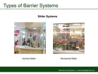 Types of Barrier Systems
Total Security Solutions | www.tssbulletproof.com
Slider Systems
Vertical Slider Horizontal Slider
 