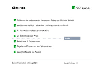 Gliederung.



        Einführung: Vorstellungsrunde, Erwartungen, Zielsetzung, Methode, Ballspiel

        Wofür Arbeitsmethodik? Wie erhöhe ich meine Arbeitsproduktivität?

        1 x 1 der Arbeitsmethodik: Einflussfaktoren

        Die multidimensionale Arbeit
                                                                       Pause
                                                                       Pause
        Fallbeispiele für Gruppenarbeit

        Eingehen auf Themen aus dem Teilnehmerkreis

        Zusammenfassung und Ausblick




Seminar Arbeitsmethodik Einführung V2.0 / 3                           Copyright ThinkSimple® 2010
 