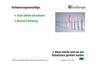 Verbesserungsvorschläge.


   à Tools stärken fokussieren

   à Kürzere Einführung




                                                                  à Diese Inhalte sind von den
                                                                  Teilnehmern geliefert worden
TS Seminar Komplexitätsreduktion Modul Zusammenfassung V2.0 / 7           Copyright ThinkSimple® 2012
 