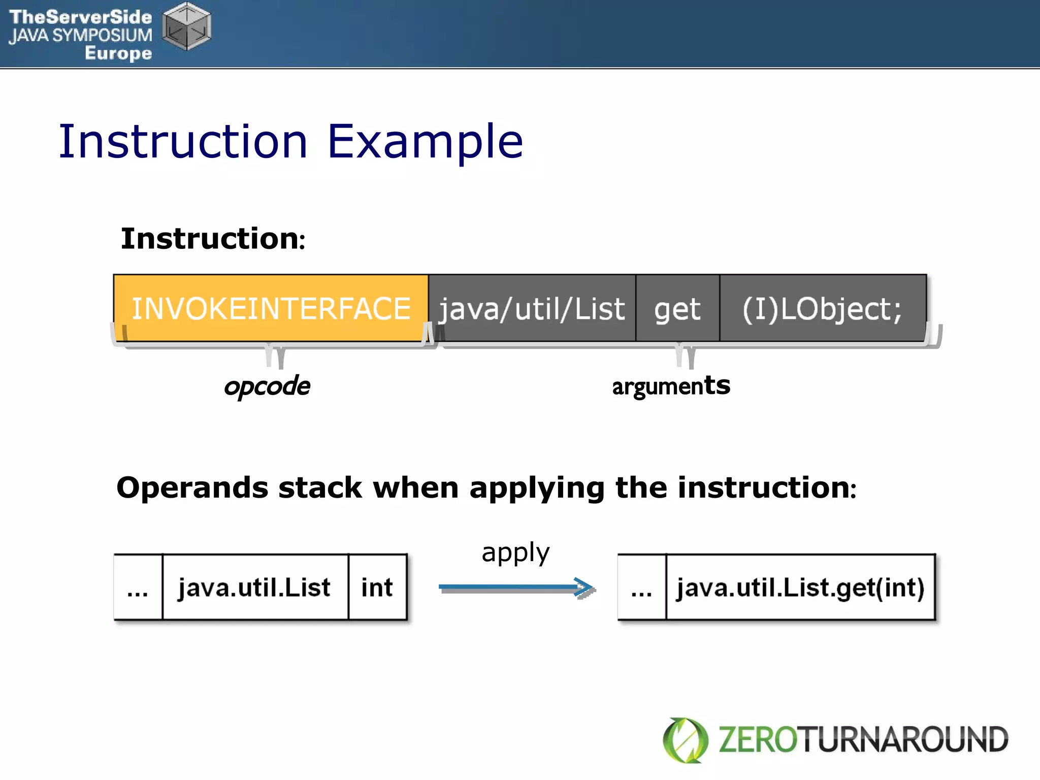 Instruction Example opcode argumen ts apply Operands stack when applying the instruction : Instruction : 