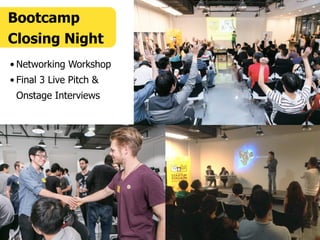 • Networking Workshop
• Final 3 Live Pitch &
Onstage Interviews
Bootcamp
Closing Night
 