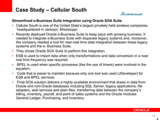 Case Study – Cellular South <ul><li>Streamlined e-Business Suite Integration using Oracle SOA Suite  </li></ul><ul><li>Cel...