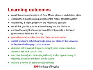Learning outcomes
 recall the apparent motions of Sun, Moon, planets, and distant stars
 explain their motions using a heliocentric model of Solar System
 explain day & night, phases of the Moon and seasons
 recall that gravity acts as a force throughout the Universe
 explain the weight of an object on different planets in terms of
gravitational fields and W = mg
 give relevant examples from the history of astronomy
 exploit student’s natural curiosity about our place in the Universe
while also challenging commonsense
 describe astronomical distances in light years and explain how
astronomers look back in time
 use plus (linear) and times (logarithmic) scales appropriately to
describe distances on Earth and in space
 explore a variety of astronomical websites
 