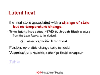Latent heat
thermal store associated with a change of state
but no temperature change.
Term ‘latent’ introduced ~1750 by Joseph Black [derived
from the Latin latere, to lie hidden].
Fusion: reversible change solid to liquid
Vaporisation: reversible change liquid to vapour
Table
heat
latent
specific
mass

Q
 