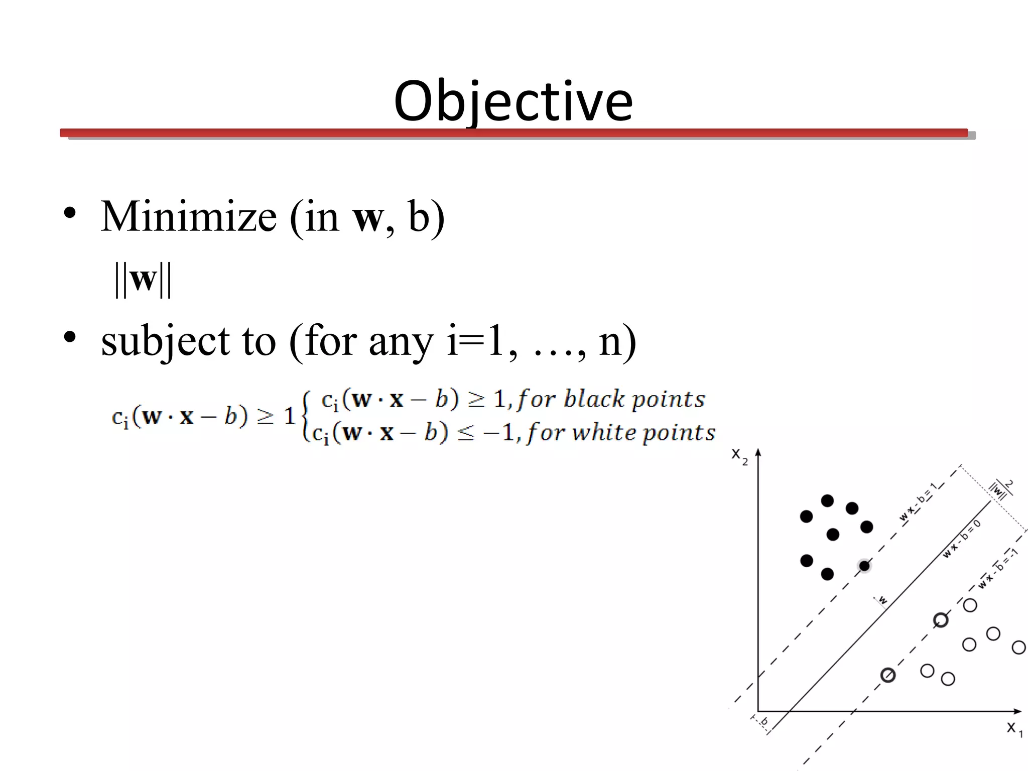 Objective
• Minimize (in w, b)
||w||

• subject to (for any i=1, …, n)

 