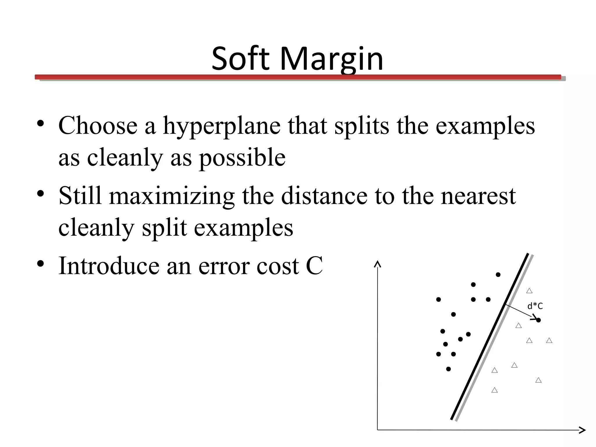 Soft Margin
• Choose a hyperplane that splits the examples
as cleanly as possible
• Still maximizing the distance to the nearest
cleanly split examples
• Introduce an error cost C
d*C

 