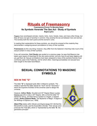 Rituals of Freemasonry
                              Freemasonry Proven To Worship Satan
           Its Symbols Venerate The Sex Act - Study of Symbols
                                              Part 5 of 5

Pagans have worshipped animals, insects, birds, rivers, forests, trees, and many other things, but
they all have one type of worship in common: they worship the sex act between man and woman.
The worship both the man's penis and the woman's vulva.

In reading their explanations for these symbols, you should be amazed at the creativity they
demonstrate in assigning sexual connotations to many of their symbols.

Freemasons do this very thing; however, they differ from the Satanist in that they hide much of the
sexual content in many of their symbols.

If you will remember, Carl Claudy was quoted on a previous page, he says that Masonry has
layers upon layers of meanings for the very same symbol, and you have to just keep digging until
you get them all. Sexual connotations have been assigned to many of the symbols that are most
commonly used in the Fraternity, and for which other, meanings [completely non-sexual] have
been taught to the lower level Mason.




           SEXUAL CONNOTATIONS TO MASONIC
                      SYMBOLS

SEX IN THE "G"
The letter "G" is displayed quite often in Masonic symbols. The
initiate is told that this letter stands for "God" and for "Geometry,"
which the Supreme Architect of the Universe used to design the
universe.

However, Arthur Waite, Occultist and 33rd Degree Mason quotes
Eliphas Levi who is also a 33rd Degree, tells us that the letter "G"
stands for Venus, and that Venus' symbol is a lingam, a stylized
phallis. [Arthur Edward Waite, The Mysteries of Magic: A Digest of
the Writings of Eliphas Levi, 1909]

Albert Pike states within Morals and Dogma [page 631-32] that the
Monad [#1] is male, and the Duad [#2] is female. Their sexual union
produces the Triad [#3], which is "represented by the letter 'G', the
generative principle."
 