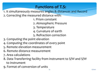 1/7/2021
55
Functions of T.S:
1. It simultaneously measures angles & distances and Record
2. Correcting the measured distance with:
1. Prism constant
2. Atmospheric Pressure
3. Temperature
4. Curvature of earth
5. Refraction correction
3. Computing the point elevation
4. Computing the coordinates of every point
5. Remote elevation measurement
6. Remote distance measurement
7. Area calculations
8. Data Transferring facility from instrument to S/W and S/W
to instrument
9. Format of conversion of units
 