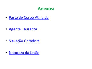 Anexos:
• Parte do Corpo Atingida
• Agente Causador
• Situação Geradora
• Natureza da Lesão
 