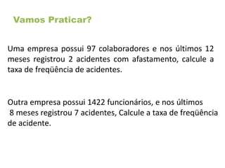 Vamos Praticar?
Uma empresa possui 97 colaboradores e nos últimos 12
meses registrou 2 acidentes com afastamento, calcule a
taxa de freqüência de acidentes.
Outra empresa possui 1422 funcionários, e nos últimos
8 meses registrou 7 acidentes, Calcule a taxa de freqüência
de acidente.
 