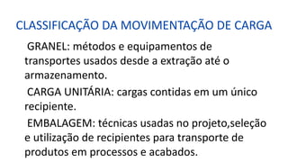 CLASSIFICAÇÃO DA MOVIMENTAÇÃO DE CARGA
GRANEL: métodos e equipamentos de
transportes usados desde a extração até o
armazenamento.
CARGA UNITÁRIA: cargas contidas em um único
recipiente.
EMBALAGEM: técnicas usadas no projeto,seleção
e utilização de recipientes para transporte de
produtos em processos e acabados.
 