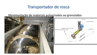Transportador de rosca
Movimentação de materiais pulverizados ou granulados
 