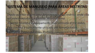 SISTEMA DE MANUSEIO PARA ÁREAS RESTRITAS
• Usado quando se tem uma determinada área restrita, onde vão
ser movimentadas cargas intermitentemente.
• A ponte rolante é o equipamento mais utilizado entre todos.
• Este sistema é comumente utilizado em Almoxarifados.
• Exemplos: Pontes Rolantes, Pórticos
 