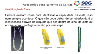 Acessórios para Içamento de Cargas
Identificação da Cinta
Embora existam cores para identificar a capacidade da cinta, isso
nem sempre acontece. O que não pode deixar de ser obedecida é a
identificação através de etiqueta que fica dentro do olhal da cinta ou
em seu corpo, protegida ou não por uma capa.
 