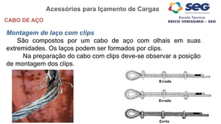 Acessórios para Içamento de Cargas
CABO DE AÇO
Montagem de laço com clips
São compostos por um cabo de aço com olhais em suas
extremidades. Os laços podem ser formados por clips.
Na preparação do cabo com clips deve-se observar a posição
de montagem dos clips.
 