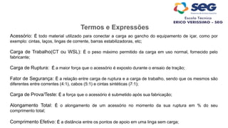 Termos e Expressões
Acessório: É todo material utilizado para conectar a carga ao gancho do equipamento de içar, como por
exemplo: cintas, laços, lingas de corrente, barras estabilizadoras, etc;
Carga de Trabalho(CT ou WSL): É o peso máximo permitido da carga em uso normal, fornecido pelo
fabricante;
Carga de Ruptura: É a maior força que o acessório é exposto durante o ensaio de tração;
Fator de Segurança: É a relação entre carga de ruptura e a carga de trabalho, sendo que os mesmos são
diferentes entre correntes (4:1), cabos (5:1) e cintas sintéticas (7:1);
Carga de Prova/Teste: É a força que o acessório é submetido após sua fabricação;
Alongamento Total: É o alongamento de um acessório no momento da sua ruptura em % do seu
comprimento total;
Comprimento Efetivo: É a distância entre os pontos de apoio em uma linga sem carga;
 