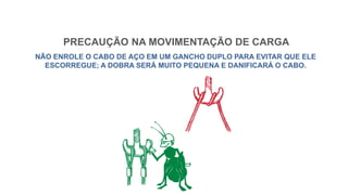PRECAUÇÃO NA MOVIMENTAÇÃO DE CARGA
NÃO ENROLE O CABO DE AÇO EM UM GANCHO DUPLO PARA EVITAR QUE ELE
ESCORREGUE; A DOBRA SERÁ MUITO PEQUENA E DANIFICARÁ O CABO.
 