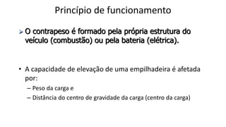 Princípio de funcionamento
• A capacidade de elevação de uma empilhadeira é afetada
por:
– Peso da carga e
– Distância do centro de gravidade da carga (centro da carga)
 O contrapeso é formado pela própria estrutura do
veículo (combustão) ou pela bateria (elétrica).
 