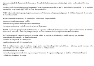 a)possuircertificado de Treinamento de Segurança na Operação de Caldeiras e comprovação deestágio prático conforme item A1.5 deste
Anexo;
b)possuir certificado de Treinamento de Segurança na Operação de Caldeiras previsto na NR-13 aprovada pela Portaria SSMT n.° 02, de 08 de
maio de 1984 ou na Portaria SSST nº 23, de 27 de dezembro de 1994.
A1.2 O pré-requisito mínimo para participação como aluno, no Treinamento de Segurança na Operação de Caldeiras é o atestado de conclusão
do ensino fundamental.
A1.3 O Treinamento de Segurança na Operação de Caldeiras deve, obrigatoriamente:
a)ser supervisionado tecnicamente porPH;
b)ser ministrado porprofissionais capacitados para esse fim;
c)obedecer, no mínimo, ao currículo propostono item A2 deste Anexo.
A1.4 Os responsáveis pela promoção do Treinamento de Segurança na Operação de Caldeiras estarão sujeitos ao impedimento de ministrar
novos cursos, bemcomo a outras sanções legais cabíveis, no caso de inobservância do disposto no item A1.3 deste Anexo.
A1.5 Todo operadorde caldeira deve cumprir um estágio prático, na operação da própria caldeira que irá operar, o qual deverá ser
supervisionado, documentado e ter duração mínima de:
a)caldeiras da categoria A: 80 (oitenta) horas;
b)caldeiras da categoria B: 60 (sessenta) horas;
A1.6 O estabelecimento onde for realizado estágio prático supervisionado previsto nesta NR deve informar, quando requerido pela
representação sindical da categoria profissional predominante no estabelecimento:
a)período derealização do estágio;
b)entidade, empregador ou profissional responsável pelo Treinamento de Segurança na Operação de Caldeira ou Unidade de Processo;
c)relação dos participantes do estágio.
 