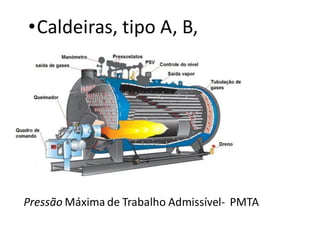 •Caldeiras, tipo A, B,
Pressão Máxima de Trabalho Admissível- PMTA
 