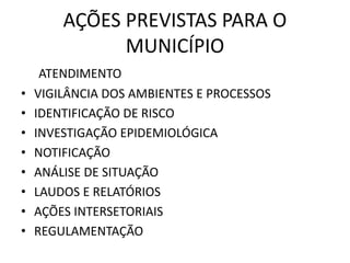 AÇÕES PREVISTAS PARA O
MUNICÍPIO
ATENDIMENTO
• VIGILÂNCIA DOS AMBIENTES E PROCESSOS
• IDENTIFICAÇÃO DE RISCO
• INVESTIGAÇÃO EPIDEMIOLÓGICA
• NOTIFICAÇÃO
• ANÁLISE DE SITUAÇÃO
• LAUDOS E RELATÓRIOS
• AÇÕES INTERSETORIAIS
• REGULAMENTAÇÃO
 