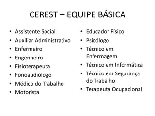 CEREST – EQUIPE BÁSICA
• Assistente Social
• Auxiliar Administrativo
• Enfermeiro
• Engenheiro
• Fisioterapeuta
• Fonoaudiólogo
• Médico do Trabalho
• Motorista
• Educador Físico
• Psicólogo
• Técnico em
Enfermagem
• Técnico em Informática
• Técnico em Segurança
do Trabalho
• Terapeuta Ocupacional
 