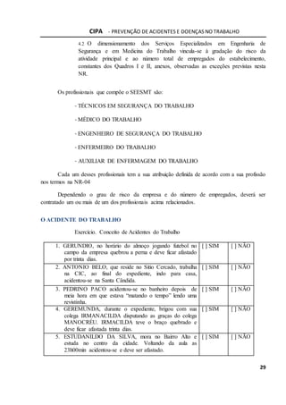 CIPA - PREVENÇÃO DE ACIDENTES E DOENÇAS NO TRABALHO
29
4.2 O dimensionamento dos Serviços Especializados em Engenharia de
Segurança e em Medicina do Trabalho vincula-se à gradação do risco da
atividade principal e ao número total de empregados do estabelecimento,
constantes dos Quadros I e II, anexos, observadas as exceções previstas nesta
NR.
Os profissionais que compõe o SEESMT são:
- TÉCNICOS EM SEGURANÇA DO TRABALHO
- MÉDICO DO TRABALHO
- ENGENHEIRO DE SEGURANÇA DO TRABALHO
- ENFERMEIRO DO TRABALHO
- AUXILIAR DE ENFERMAGEM DO TRABALHO
Cada um desses profissionais tem a sua atribuição definida de acordo com a sua profissão
nos termos na NR-04
Dependendo o grau de risco da empresa e do número de empregados, deverá ser
contratado um ou mais de um dos profissionais acima relacionados.
O ACIDENTE DO TRABALHO
Exercício. Conceito de Acidentes do Trabalho
1. GERUNDIO, no horário do almoço jogando futebol no
campo da empresa quebrou a perna e deve ficar afastado
por trinta dias.
[ ] SIM [ ] NÃO
2. ANTONIO BELO, que reside no Sitio Cercado, trabalha
na CIC, ao final do expediente, indo para casa,
acidentou-se na Santa Cândida.
[ ] SIM [ ] NÃO
3. PEDRINO PACO acidentou-se no banheiro depois de
meia hora em que estava “matando o tempo” lendo uma
revistinha.
[ ] SIM [ ] NÃO
4. GEREMUNDA, durante o expediente, brigou com sua
colega IRMANACILDA disputando as graças do colega
MANOCRÉU. IRMACILDA teve o braço quebrado e
deve ficar afastada trinta dias.
[ ] SIM [ ] NÃO
5. ESTUDANILDO DA SILVA, mora no Bairro Alto e
estuda no centro da cidade. Voltando da aula as
23h00min acidentou-se e deve ser afastado.
[ ] SIM [ ] NÃO
 