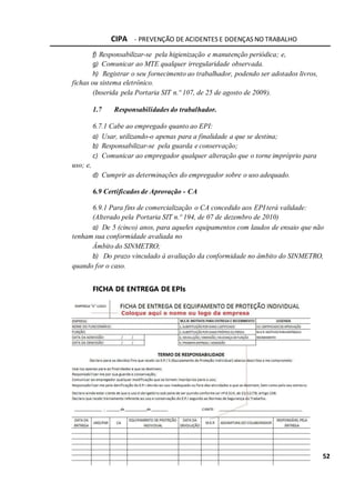 CIPA - PREVENÇÃO DE ACIDENTES E DOENÇAS NO TRABALHO
52
f) Responsabilizar-se pela higienização e manutenção periódica; e,
g) Comunicar ao MTE qualquer irregularidade observada.
h) Registrar o seu fornecimento ao trabalhador, podendo ser adotados livros,
fichas ou sistema eletrônico.
(Inserida pela Portaria SIT n.º 107, de 25 de agosto de 2009).
1.7 Responsabilidades do trabalhador.
6.7.1 Cabe ao empregado quanto ao EPI:
a) Usar, utilizando-o apenas para a finalidade a que se destina;
b) Responsabilizar-se pela guarda e conservação;
c) Comunicar ao empregador qualquer alteração que o torne impróprio para
uso; e,
d) Cumprir as determinações do empregador sobre o uso adequado.
6.9 Certificados de Aprovação - CA
6.9.1 Para fins de comercialização o CA concedido aos EPI terá validade:
(Alterado pela Portaria SIT n.º 194, de 07 de dezembro de 2010)
a) De 5 (cinco) anos, para aqueles equipamentos com laudos de ensaio que não
tenham sua conformidade avaliada no
Âmbito do SINMETRO;
b) Do prazo vinculado à avaliação da conformidade no âmbito do SINMETRO,
quando for o caso.
FICHA DE ENTREGA DE EPIs
 