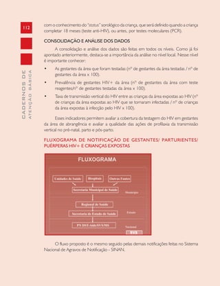 112
CADERNOSDE
ATENÇÃOBÁSICA
com o conhecimento do “status” sorológico da criança, que será definido quando a criança
completar 18 meses (teste anti-HIV), ou antes, por testes moleculares (PCR).
CONSOLIDAÇÃO E ANÁLISE DOS DADOS
A consolidação e análise dos dados são feitas em todos os níveis. Como já foi
apontado anteriormente, destaca-se a importância da análise no nível local. Nesse nível
é importante conhecer:
• As gestantes da área que foram testadas (nº de gestantes da área testadas / nº de
gestantes da área x 100).
• Prevalência de gestantes HIV+ da área (nº de gestantes da área com teste
reagentes/nº de gestantes testadas da área x 100).
• Taxa de transmissão vertical do HIV entre as crianças da área expostas ao HIV (nº
de crianças da área expostas ao HIV que se tornaram infectadas / nº de crianças
da área expostas à infecção pelo HIV x 100).
Esses indicadores permitem avaliar a cobertura da testagem do HIV em gestantes
da área de abrangência e avaliar a qualidade das ações de profilaxia da transmissão
vertical no pré-natal, parto e pós-parto.
FLUXOGRAMA DE NOTIFICAÇÃO DE GESTANTES/ PARTURIENTES/
PUÉRPERAS HIV+ E CRIANÇAS EXPOSTAS
O fluxo proposto é o mesmo seguido pelas demais notificações feitas no Sistema
Nacional de Agravos de Notificação - SINAN.
 