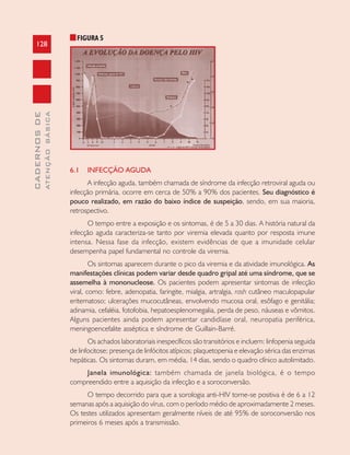 128
CADERNOSDE
ATENÇÃOBÁSICA
FIGURA 5
6.1 INFECÇÃO AGUDA
A infecção aguda, também chamada de síndrome da infecção retroviral aguda ou
infecção primária, ocorre em cerca de 50% a 90% dos pacientes. Seu diagnóstico é
pouco realizado, em razão do baixo índice de suspeição, sendo, em sua maioria,
retrospectivo.
O tempo entre a exposição e os sintomas, é de 5 a 30 dias. A história natural da
infecção aguda caracteriza-se tanto por viremia elevada quanto por resposta imune
intensa. Nessa fase da infecção, existem evidências de que a imunidade celular
desempenha papel fundamental no controle da viremia.
Os sintomas aparecem durante o pico da viremia e da atividade imunológica. As
manifestações clínicas podem variar desde quadro gripal até uma síndrome, que se
assemelha à mononucleose. Os pacientes podem apresentar sintomas de infecção
viral, como: febre, adenopatia, faringite, mialgia, artralgia, rash cutâneo maculopapular
eritematoso; ulcerações mucocutâneas, envolvendo mucosa oral, esôfago e genitália;
adinamia, cefaléia, fotofobia, hepatoesplenomegalia, perda de peso, náuseas e vômitos.
Alguns pacientes ainda podem apresentar candidíase oral, neuropatia periférica,
meningoencefalite asséptica e síndrome de Guillain-Barré.
Os achados laboratoriais inespecíficos são transitórios e incluem: linfopenia seguida
de linfocitose; presença de linfócitos atípicos; plaquetopenia e elevação sérica das enzimas
hepáticas. Os sintomas duram, em média, 14 dias, sendo o quadro clínico autolimitado.
Janela imunológica: também chamada de janela biológica, é o tempo
compreendido entre a aquisição da infecção e a soroconversão.
O tempo decorrido para que a sorologia anti-HIV torne-se positiva é de 6 a 12
semanas após a aquisição do vírus, com o período médio de aproximadamente 2 meses.
Os testes utilizados apresentam geralmente níveis de até 95% de soroconversão nos
primeiros 6 meses após a transmissão.
 