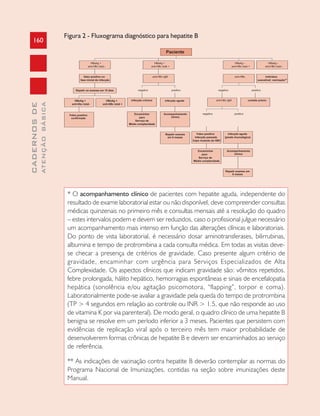 160
CADERNOSDE
ATENÇÃOBÁSICA
Figura 2 - Fluxograma diagnóstico para hepatite B
* O acompanhamento clínico de pacientes com hepatite aguda, independente do
resultado de exame laboratorial estar ou não disponível, deve compreender consultas
médicas quinzenais no primeiro mês e consultas mensais até a resolução do quadro
– estes intervalos podem e devem ser reduzidos, caso o profissional julgue necessário
um acompanhamento mais intenso em função das alterações clínicas e laboratoriais.
Do ponto de vista laboratorial, é necessário dosar aminotransferases, bilirrubinas,
albumina e tempo de protrombina a cada consulta médica. Em todas as visitas deve-
se checar a presença de critérios de gravidade. Caso presente algum critério de
gravidade, encaminhar com urgência para Serviços Especializados de Alta
Complexidade. Os aspectos clínicos que indicam gravidade são: vômitos repetidos,
febre prolongada, hálito hepático, hemorragias espontâneas e sinais de encefalopatia
hepática (sonolência e/ou agitação psicomotora, “flapping”, torpor e coma).
Laboratorialmente pode-se avaliar a gravidade pela queda do tempo de protrombina
(TP > 4 segundos em relação ao controle ou INR > 1.5, que não responde ao uso
de vitamina K por via parenteral). De modo geral, o quadro clínico de uma hepatite B
benigna se resolve em um período inferior a 3 meses. Pacientes que persistem com
evidências de replicação viral após o terceiro mês tem maior probabilidade de
desenvolverem formas crônicas de hepatite B e devem ser encaminhados ao serviço
de referência.
** As indicações de vacinação contra hepatite B deverão contemplar as normas do
Programa Nacional de Imunizações, contidas na seção sobre imunizações deste
Manual.
 