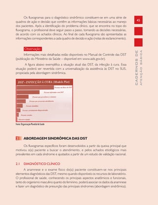 45
CADERNOSDE
ATENÇÃOBÁSICA
Os fluxogramas para o diagnóstico sindrômico constituem-se em uma série de
quadros de ação e decisão que contêm as informações básicas necessárias ao manejo
dos pacientes. Após a identificação do problema clínico, que se encontra no topo do
fluxograma, o profissional deve seguir passo a passo, tomando as decisões necessárias,
de acordo com os achados clínicos. Ao final de cada fluxograma são apresentadas as
informações correspondentes a cada quadro de decisão e ação (notas de esclarecimento).
Observação:
Informações mais detalhadas estão disponíveis no Manual de Controle das DST
(publicação do Ministério da Saúde – disponível em www.aids.gov.br).
A figura abaixo exemplifica a situação atual das DST, da infecção à cura. Essa
situação poderá ser revertida com a universalização da assistência às DST no SUS,
propiciada pela abordagem sindrômica.
Fonte:OrganizaçãoMundialdeSaúde
2 ABORDAGEM SINDRÔMICA DAS DST
Os fluxogramas específicos foram desenvolvidos a partir da queixa principal que
motivou o(a) paciente a buscar o atendimento, e pelos achados etiológicos mais
prevalentes em cada síndrome e ajustados a partir de um estudo de validação nacional.
2.1 DIAGNÓSTICO CLÍNICO
A anamnese e o exame físico do(a) paciente constituem-se nos principais
elementos diagnósticos das DST, mesmo quando disponíveis os recursos de laboratório.
O profissional de saúde, conhecendo os principais aspectos anatômicos e funcionais,
tanto do organismo masculino quanto do feminino, poderá associar os dados da anamnese
e fazer um diagnóstico de presunção das principais síndromes (abordagem sindrômica).
 