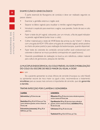 58
CADERNOSDE
ATENÇÃOBÁSICA
EXAME CLÍNICO-GINECOLÓGICO
É parte essencial do fluxograma de conduta e deve ser realizado segundo os
passos abaixo:
• Examinar a genitália externa e região anal.
• Separar os lábios vaginais para visualizar o intróito vaginal integralmente.
• Introduzir o espéculo para examinar a vagina, suas paredes, fundo de saco e colo
uterino.
• Fazer o teste de pH vaginal, colocando, por um minuto, a fita de papel indicador
na parede vaginal lateral (evitar tocar o colo).
• Colher material para o teste de Whiff (teste das aminas ou do “cheiro” = lâmina
com uma gota de KOH 10% sobre uma gota de conteúdo vaginal, sendo positivo
se cheiro de peixe podre) e para realização da bacterioscopia, quando disponível.
• Fazer teste do cotonete do conteúdo cervical (colher swab endocervical com
cotonete e observar se muco purulento contrapondo em papel branco).
• Havendo possibilidade de realização no local ou em referência, coletar material
para cultura de gonococos, pesquisa de clamídia.
(I) MUCOPUS ENDOCERVICAL OU COLO FRIÁVEL OU DOR À MOBILIZAÇÃO
DO COLO OU ESCORE DE RISCO MAIOR OU IGUAL A DOIS?
sim
Se a paciente apresentar os sinais clínicos de cervicite (mucopus ou colo friável)
ou apresentar escore de risco maior ou igual a dois, recomenda-se o tratamento
simultâneo para as causas mais comuns e importantes de cervicite, que são gonorréia
e clamídia.
TRATAR INFECÇÃO POR CLAMÍDIA E GONORRÉIA
CLAMÍDIA
Azitromicina,1g,VO,doseúnica;ou
Doxiciclina100mg,VO,de12/12horas,por7dias
(contra-indicadoemgestantes,nutrizesemenoresde
10anos); ou
Eritromicina (estearato),500mg,VO,de
06/06horas,por7dias.
GONORRÉIA
Ofloxacina400mg,VO,doseúnica(contra-indicadoemgestantes,
nutrizesemenoresde18anos);ou
Ciprofloxacino500mg,VO,doseúnica(contra-indicadoem
gestantes,nutrizesemenoresde18anos); ouCefixima400mg,
VO,doseúnica;ou
Ceftriaxona250mg,IM,doseúnica;ou
Tianfenicol500mg,VO,de12/12horas,por7dias.
+
 