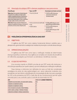 71
CADERNOSDE
ATENÇÃOBÁSICA
4.3 Associação de subtipos HPV e doenças neoplásicas e seus precursores.
Classificação
Baixorisco:Estãoassociadosàsinfecçõesbenignasdo
tratogenitalcomoocondilomaacuminadoouplanoe
neoplasiasintraepiteliaisdebaixograu.Estãopresentesna
maioriadasinfecçõesclinicamenteaparentes(verrugas
genitaisvisíveis)epodemaparecernavulva,nocolouterino,
navagina,nopênis,noescroto,nauretraenoânus.
Alto risco:Possuemumaaltacorrelaçãocomas
neoplasiasintraepiteliaisdealtograuecarcinomasdo
colouterino,davulva,doânusedopênis(raro)
Tipos de HPV
• %6,11,42,43e44.
Associação com lesões cervicais
• %20,2%emNICdebaixograu,
praticamenteinexistentesem
carcinomasinvasores
• % 31, 33, 35, 39, 51, 52, 58, 59 e 68.
• %16.
• %18,45,46,56.
• %23,8%emNICdealtograu,masem
apenas10,5%doscarcinomasinvasores.
• %47,1%emNICdealtograuou
carcinomainvasor.
• %6,5%emNICdealtograue26,8
emCainvasor.
5 VIGILÂNCIA EPIDEMIOLÓGICA DAS DST
5.1 OBJETIVOS
A vigilância das DST tem como objetivo fundamental oferecer subsídios para o
planejamento,gerenciamentoeavaliaçãodasmedidasdeprevençãoecontroledessasdoenças.
5.2 OPERACIONALIZAÇÃO
A vigilância das DST tem como base a notificação imediata de determinadas
doenças específicas e síndromes. Essa vigilância se completa com estudos de prevalência
em diferentes populações que fornecem as estimativas e tendências nacionais.
5.3 O QUE SE NOTIFICA
Já se encontra inserida no SINAN uma lista de seis DST, sendo três síndromes e
três doenças específicas (ver quadro abaixo), que será utilizada para notificação simplificada.
Essas doenças e síndromes (ver definições de casos ao final) são consideradas
estratégicas do ponto de vista epidemiológico por: serem altamente incidentes e/ou
prevalentes; por permitirem a identificação de uma população de alto risco para a aquisição
do HIV (a dos portadores de DST); e pelo fato de seu monitoramento permitir ações
concretas para o seu controle e para o controle da transmissão do HIV.
DST CODIGO CID 10 (SINAN WINDOWS)
SÍNDROME DA ÚLCERA GENITAL (EXCLUÍDO HERPES GENITAL) N485
SÍNDROMEDOCORRIMENTOURETRAL R36
SÍNDROMEDOCORRIMENTOCERVICAL N72
SÍFILISEMADULTOS(EXCLUÍDAAFORMAPRIMÁRIA) A53
HERPES GENITAL (APENAS O PRIMEIRO EPISÓDIO) A60
CONDILOMA ACUMINADO (VERRUGAS ANOGENITAIS) A630
 