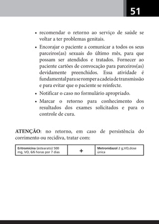 51
• recomendar o retorno ao serviço de saúde se
voltar a ter problemas genitais.
• Encorajar o paciente a comunicar a todos os seus
parceiros(as) sexuais do último mês, para que
possam ser atendidos e tratados. Fornecer ao
paciente cartões de convocação para parceiros(as)
devidamente preenchidos. Essa atividade é
fundamentalparaseromperacadeiadetransmissão
e para evitar que o paciente se reinfecte.
• Notificar o caso no formulário apropriado.
• Marcar o retorno para conhecimento dos
resultados dos exames solicitados e para o
controle de cura.
ATENÇÃO: no retorno, em caso de persistência do
corrimento ou recidiva, tratar com:
Eritromicina (estearato) 500
mg, VO, 6/6 horas por 7 dias + Metronidazol 2 g,VO,dose
única
 