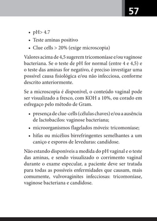 57
• pH> 4.7
• Teste aminas positivo
• Clue cells > 20% (exige microscopia)
Valoresacimade4,5sugeremtricomoníasee/ouvaginose
bacteriana. Se o teste de pH for normal (entre 4 e 4,5) e
o teste das aminas for negativo, é preciso investigar uma
possível causa ﬁsiológica e/ou não infecciosa, conforme
descrito anteriormente.
Se a microscopia é disponível, o conteúdo vaginal pode
ser visualizado a fresco, com KOH a 10%, ou corado em
esfregaço pelo método de Gram.
• presençadeclue-cells(célulaschaves)e/ouaausência
de lactobacilos: vaginose bacteriana;
• microorganismos flagelados móveis: tricomoníase;
• hifas ou micélios birrefringentes semelhantes a um
caniço e esporos de leveduras: candidose.
Não estando disponíveis a medida do pH vaginal e o teste
das aminas, e sendo visualizado o corrimento vaginal
durante o exame especular, a paciente deve ser tratada
para todas as possíveis enfermidades que causam, mais
comumente, vulvovaginites infecciosas: tricomoníase,
vaginose bacteriana e candidose.
 