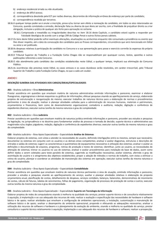 TRIBUNAL SUPERIOR DO TRABALHO 21
b) endereço residencial errado ou não atualizado;
c) endereço de difícil acesso;
d) correspondência devolvida pela ECT por razões diversas, decorrentes de informação errônea de endereço por parte do candidato;
e) correspondência recebida por terceiros.
18.16.A qualquer tempo poder-se-á anular a inscrição, prova e/ou tornar sem efeito a nomeação do candidato, em todos os atos relacionados ao
Concurso, quando constatada a omissão, declaração falsa ou diversa da que devia ser escrita, com a finalidade de prejudicar direito ou criar
obrigação, inclusive a prática de qualquer ato ilícito para aprovação no certame.
18.16.1. Comprovada a inexatidão ou irregularidades descritas no item 18.16 deste Capítulo, o candidato estará sujeito a responder por
Falsidade Ideológica de acordo com o artigo 299 do Código Penal e outros ilícitos penais cabíveis.
18.17.Os itens deste Edital poderão sofrer eventuais alterações, atualizações ou acréscimos enquanto não consumada a providência ou evento que
lhes disser respeito, até a data da convocação dos candidatos para as Provas correspondentes, circunstância que será mencionada em Edital
ou aviso a ser publicado.
18.18.As despesas relativas à participação do candidato no Concurso e a sua apresentação para posse e exercício correrão às expensas do próprio
candidato.
18.19.O Tribunal Superior do Trabalho e a Fundação Carlos Chagas não se responsabilizam por quaisquer cursos, textos, apostilas e outras
publicações referentes a este Concurso.
18.20.O não atendimento pelo candidato das condições estabelecidas neste Edital, a qualquer tempo, implicará sua eliminação do Concurso
Público.
18.21.As ocorrências não previstas neste Edital, os casos omissos e os casos duvidosos serão resolvidos, em caráter irrecorrível, pelo Tribunal
Superior do Trabalho e pela Fundação Carlos Chagas, no que a cada um couber.
ANEXO I
DESCRIÇÃO SUMÁRIA DAS ATIVIDADES DOS CARGOS/ÁREAS/ESPECIALIDADES
A01 - Analista Judiciário – Área Administrativa
Prestar assistência em questões que envolvam matéria de natureza administrativa emitindo informações e pareceres; examinar e elaborar
fluxogramas, organogramas e demais esquemas ou gráficos de informações; efetuar pesquisas visando ao aperfeiçoamento do serviço, elaborando
projetos de estruturação e reorganização do mesmo; executar trabalhos de natureza técnica para a elaboração de normas e procedimentos
pertinentes à área de atuação; realizar e planejar atividades voltadas para a administração de recursos humanos, materiais e patrimoniais,
orçamentários e financeiros, bem como de desenvolvimento organizacional, contadoria e auditoria; redação, digitação e conferência de
expedientes diversos; executar outras tarefas da mesma natureza e grau de complexidade.
B02 - Analista Judiciário – Área Judiciária
Prestar assistência em questões que envolvam matéria de natureza jurídica emitindo informações e pareceres; proceder aos estudos e pesquisas
na legislação, na jurisprudência e na doutrina para fundamentar análise de processo e tomada de decisão; suporte técnico e administrativo aos
magistrados e/ou órgãos julgadores; redação, digitação e conferência de expedientes diversos; executar outras tarefas da mesma natureza e grau
de complexidade.
C03 - Analista Judiciário – Área Apoio Especializado – Especialidade Análise de Sistemas
Elaborar projetos de sistemas, com vistas a atender às necessidades do usuário, definindo interligações entre os mesmos, sempre que necessário;
documentar os sistemas em conjunto com os usuários e as demais áreas competentes; analisar e avaliar diagramas, estruturas e descrições de
entradas e saídas de sistemas; sugerir as características e quantitativos de equipamentos necessários à utilização dos sistemas; analisar e avaliar as
definições e documentação de arquivos, programas, rotinas de produção e testes de sistemas; identificar, junto ao usuário, as necessidades de
alteração de sistemas; treinar os usuários no uso de sistemas; analisar e avaliar procedimentos para instalação da base de dados, assim como
definir dados a serem coletados para teste paralelo de sistemas, sugerindo as modificações necessárias; avaliar sistemas, aferindo o grau de
assimilação do usuário e o atingimento dos objetivos estabelecidos; propor a adoção de métodos e normas de trabalho, com vistas a otimizar a
rotina do usuário; planejar e coordenar as atividades de manutenção dos sistemas em operação; executar outras tarefas da mesma natureza e
grau de complexidade.
D04 - Analista Judiciário – Área Apoio Especializado – Especialidade Contabilidade
Prestar assistência em questões que envolvam matéria de natureza técnica pertinentes à área de atuação, emitindo informações e pareceres;
proceder a estudos e pesquisas visando ao aperfeiçoamento do serviço; auxiliar e planejar atividades relativas à elaboração da proposta
orçamentária anual, planificação de contas, detalhamento de despesas, serviços contábeis, balanços, balancetes, demonstrativos de movimento
de contas, cálculo de faturas, tabelas de vencimentos, folhas de pagamento, organização de processos de prestação de contas e outros; executar
outras tarefas da mesma natureza e grau de complexidade.
E05 - Analista Judiciário – Área Apoio Especializado – Especialidade Suporte em Tecnologia da Informação
Elaborar projetos de redes de computadores visando à melhoria na qualidade dos serviços; prestar suporte técnico e de consultoria relativamente
à aquisição, à implantação e ao uso adequado dos recursos de rede; realizar a avaliação e especificação das necessidades de hardware e software
básico e de apoio; realizar atividades que envolvam a configuração de ambientes operacionais, a instalação, customização e manutenção de
software básico e de apoio; analisar o desempenho do ambiente operacional, propondo e efetuando as adequações necessárias; analisar a
utilização dos recursos de software e hardware e o planejamento da evolução do ambiente, visando a melhoria na qualidade do serviço; prestar
consultoria e suporte técnico relativamente à aquisição, implantação e uso adequado dos recursos de hardware e software; realizar a prospecção,
 