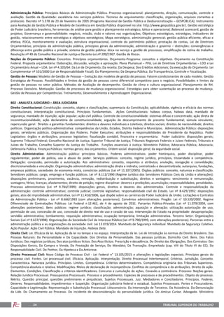 TRIBUNAL SUPERIOR DO TRABALHO24
Administração Pública: Princípios Básicos da Administração Pública. Processo organizacional: planejamento, direção, comunicação, controle e
avaliação. Gestão da Qualidade: excelência nos serviços públicos. Técnicas de arquivamento: classificação, organização, arquivos correntes e
protocolo. Decreto nº 5.378 de 23 de fevereiro de 2005 (Programa Nacional de Gestão Pública e Desburocratização – GESPÚBLICA). Instrumento
para Avaliação da Gestão Pública e Modelo de Excelência em Gestão Pública disponível no site: http://www.gespublica.gov.br/. Gestão estratégica
do Poder Judiciário brasileiro, ferramentas de análise para gestão e planejamento estratégico, tático e operacional; Balanced scorecard, gestão de
projetos; Governança e governabilidade: negócio, missão, visão e valores nas organizações; Objetivos estratégicos, estratégias, indicadores de
gestão, relacionamento entre estratégias e objetivos estratégicos; Mapa estratégico, administração gerencial; gestão pública eficiente, eficaz e
efetiva; PDCA, monitoramento e avaliação; estrutura organizacional, controle do patrimônio público; prestação de contas, Lei de Diretrizes
Orçamentárias; princípios da administração pública, princípios gerais da administração, administração e governo – distinções: convergências e
diferença entre gestão pública e privada; sistema de gestão pública: ética no serviço e gestão de processos, simplificação de rotina de trabalho.
Resolução nº 49 do Conselho Nacional de Justiça e Decreto-Lei nº 200/1967. Gestão de Riscos.
Noções de Orçamento Público: Conceitos. Princípios orçamentários. Orçamento-Programa: conceitos e objetivos. Orçamento na Constituição
Federal. Proposta orçamentária: Elaboração, discussão, votação e aprovação. Plano Plurianual – PPA, Lei de Diretrizes Orçamentárias – LDO e Lei
Orçamentária Anual – LOA. Lei nº 4.320/64: Da Lei de Orçamento; Da receita; Da Despesa; Dos Créditos Adicionais; Da execução do Orçamento. Lei
Complementar nº 101/2000 (Lei de Responsabilidade Fiscal): Do Planejamento; Da Despesa Pública; Da Transparência, Controle e Fiscalização.
Gestão de Pessoas: Modelos de Gestão de Pessoas – Evolução dos modelos de gestão de pessoas. Fatores condicionantes de cada modelo. Gestão
Estratégica de Pessoas. Possibilidades e limites da gestão de pessoas como diferencial competitivo para o negócio. Possibilidades e limites da
gestão de pessoas no setor público. Métodos de Avaliação de desempenho. Gestão de clima e cultura organizacional. Planejamento de RH.
Processo Decisório. Motivação. Gestão de processos de mudança organizacional. Estratégias para obter sustentação ao processo de mudança.
Gestão de Pessoas por Competências. Treinamento, Desenvolvimento e Aprendizagem Organizacional.
B02 - ANALISTA JUDICIÁRIO – ÁREA JUDICIÁRIA
Direito Constitucional: Constituição: conceito, objeto e classificações; supremacia da Constituição; aplicabilidade, vigência e eficácia das normas
constitucionais; interpretação constitucional. Princípios fundamentais. Ações Constitucionais: habeas corpus, habeas data, mandado de
segurança; mandado de injunção; ação popular; ação civil pública. Controle de constitucionalidade: sistemas difuso e concentrado; ação direta de
inconstitucionalidade; ação declaratória de constitucionalidade; arguição de descumprimento de preceito fundamental; súmula vinculante;
repercussão geral. Direitos e garantias fundamentais: direitos e deveres individuais e coletivos; direitos sociais; direitos de nacionalidade; direitos
políticos. Organização político-administrativa: competências da União, Estados, Distrito Federal e Municípios. Administração Pública: disposições
gerais; servidores públicos. Organização dos Poderes. Poder Executivo: atribuições e responsabilidades do Presidente da República. Poder
Legislativo: órgãos e atribuições; processo legislativo; fiscalização contábil, financeira e orçamentária. Poder Judiciário: disposições gerais;
Supremo Tribunal Federal; Conselho Nacional de Justiça; Superior Tribunal de Justiça; Tribunais Regionais Federais e Juízes Federais; Tribunais e
Juízes do Trabalho; Conselho Superior da Justiça do Trabalho. Funções essenciais à Justiça: Ministério Público; Advocacia Pública; Advocacia;
Defensoria Pública. Finanças Públicas: normas gerais; dos orçamentos. Ordem social: disposição geral; da seguridade social.
Direito Administrativo: Administração pública: princípios básicos. Poderes administrativos: poder hierárquico, poder disciplinar, poder
regulamentar, poder de polícia, uso e abuso do poder. Serviços públicos: conceito, regime jurídico, princípios, titularidade e competência.
Delegação: concessão, permissão e autorização. Ato administrativo: conceito, requisitos e atributos; anulação, revogação e convalidação;
discricionariedade e vinculação. Organização administrativa: administração direta e indireta; centralizada e descentralizada; autarquias, fundações,
empresas públicas, sociedades de economia mista, consórcios públicos (Lei nº 11.107/2005). Órgãos públicos: conceito, natureza e classificação.
Servidores públicos: cargo, emprego e função públicos. Lei nº 8.112/1990 (Regime Jurídico dos Servidores Públicos Civis da União e alterações):
disposições preliminares, provimento, vacância, remoção, redistribuição e substituição; direitos e vantagens: vencimento e remuneração;
vantagens; férias; licenças; afastamentos; direito de petição; regime disciplinar: deveres e proibições; acumulação; responsabilidades; penalidades.
Processo administrativo (Lei nº 9.784/1999): disposições gerais, direitos e deveres dos administrados. Controle e responsabilização da
administração: controle administrativo; controle judicial; controle legislativo; responsabilidade civil do Estado. Lei nº 8.429/1992: disposições
gerais; atos de improbidade administrativa. Lei nº 11.416/2006, que dispõe sobre as carreiras do Poder Judiciário da União. Licitações e Contratos
da Administração Pública - Lei nº 8.666/1993 (com alterações posteriores). Convênios administrativos. Pregão: Lei n° 10.520/2002. Regime
Diferenciado de Contratações Públicas: Lei Federal n 12.462, de 4 de agosto de 2011. Parcerias Público-Privadas (Lei nº 11.079/2004, com
alterações posteriores). Bens públicos: regime jurídico; classificação; administração; aquisição e alienação; utilização; autorização de uso,
permissão de uso, concessão de uso, concessão de direito real de uso e cessão de uso. Intervenção do Estado na propriedade: desapropriação;
servidão administrativa; tombamento; requisição administrativa; ocupação temporária; limitação administrativa. Terceiro Setor: Organizações
Sociais (Lei nº 9.637/1998). Organizações da Sociedade Civil de Interesse Público (Lei nº 9.790/1999, com alterações posteriores). Parcerias entre a
administração pública e as organizações da sociedade civil: Lei 13.019/2014. Mandado de Segurança individual. Mandado de Segurança Coletivo.
Ação Popular. Ação Civil Pública. Mandado de Injunção. Habeas Data.
Direito Civil: Lei. Eficácia da lei. Aplicação da lei no tempo e no espaço. Interpretação da lei. Lei de Introdução às normas do Direito Brasileiro. Das
Pessoas Naturais: Da Personalidade e Da Capacidade. Dos Direitos da Personalidade. Das pessoas jurídicas. Domicílio Civil. Bens. Dos Fatos
Jurídicos: Dos negócios jurídicos; Dos atos jurídicos lícitos. Dos Atos Ilícitos. Prescrição e decadência. Do Direito das Obrigações. Dos Contratos: Das
Disposições Gerais; Da Compra e Venda; Da Prestação de Serviço; Do Mandato; Da Transação. Empreitada (cap. VIII do Título VI do CC). Da
Responsabilidade Civil. Do Penhor, Da Hipoteca e Da Anticrese.
Direito Processual Civil: Novo Código de Processo Civil - Lei Federal n° 13.105/2015 e alterações e legislações especiais. Princípios gerais do
processo civil. Fontes. Lei processual civil. Eficácia. Aplicação. Interpretação. Direito Processual Intertemporal. Critérios. Jurisdição. Conceito.
Característica. Natureza jurídica. Princípios. Limites. Competência. Critérios determinadores. Competência originária dos Tribunais Superiores.
Competência absoluta e relativa. Modificações. Meios de declaração de incompetência. Conflitos de competência e de atribuições. Direito de ação.
Elementos. Condições. Classificação e critérios identificadores. Concurso e cumulação de ações. Conexão e continência. Processo: Noções gerais.
Relação Jurídica Processual. Pressupostos Processuais. Processo e procedimento. Espécies de processos e de procedimentos. Objeto do processo.
Mérito. Questão principal, questões preliminares e prejudiciais. Sujeitos Processuais. Juiz. Mediadores e Conciliadores. Princípios. Poderes.
Deveres. Responsabilidades. Impedimentos e Suspeição. Organização judiciária federal e estadual. Sujeitos Processuais. Partes e Procuradores.
Capacidade e Legitimação. Representação e Substituição Processual. Litisconsórcio. Da Intervenção de Terceiros. Da Assistência. Da Denunciação
da Lide. Do Chamamento ao Processo. Do incidente de desconsideração da personalidade jurídica. Do Amicus Curiae. Advogado. Ministério
 